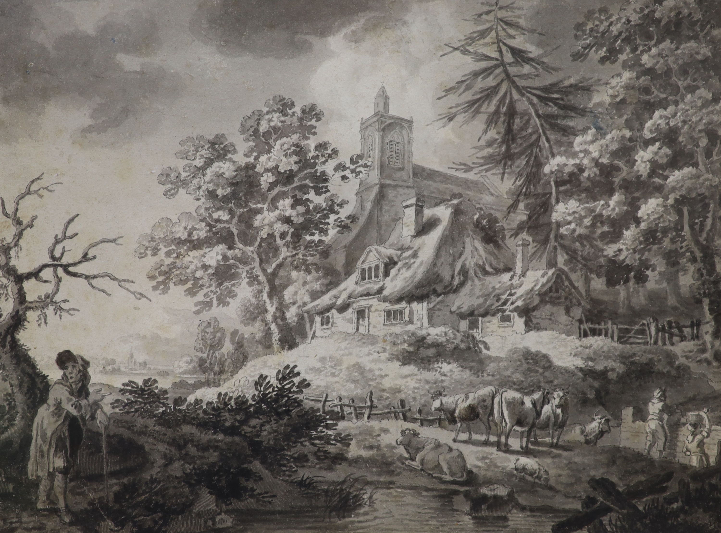 Samuel Hieronymus Grimm (1733-1794), monochrome watercolour, Cattle drovers in a landscape, 17 x 22cm